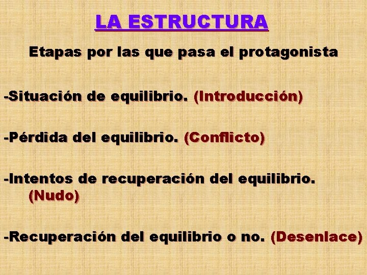 LA ESTRUCTURA Etapas por las que pasa el protagonista -Situación de equilibrio. (Introducción) -Pérdida