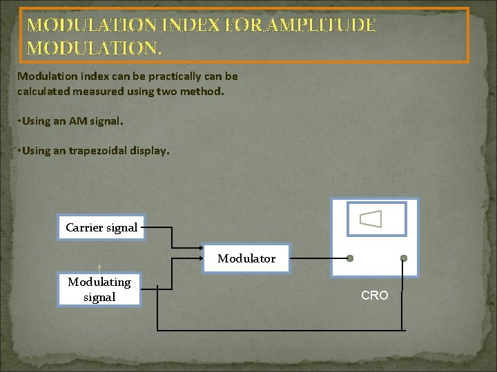 MODULATION INDEX FOR AMPLITUDE MODULATION. Modulation index can be practically can be calculated measured