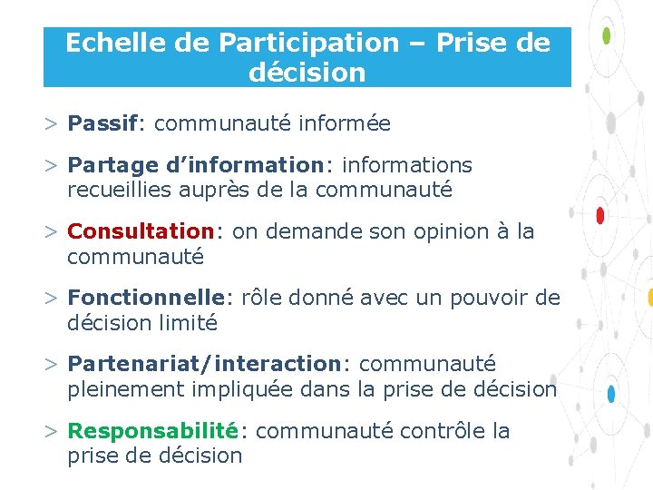 Echelle de Participation – Prise de décision > Passif: communauté informée > Partage d’information: