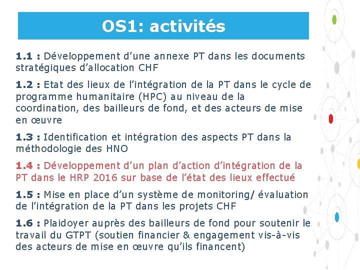 OS 1: activités 1. 1 : Développement d’une annexe PT dans les documents stratégiques