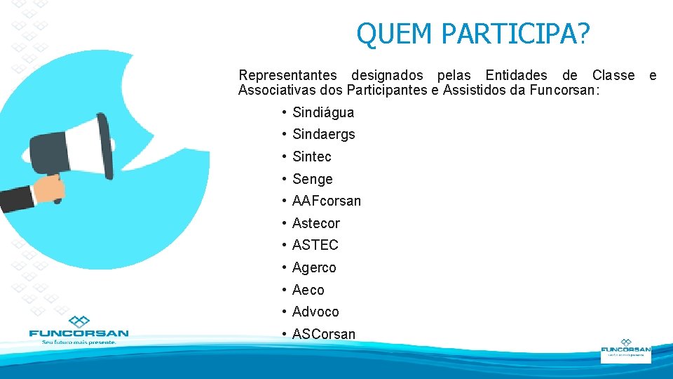 QUEM PARTICIPA? Representantes designados pelas Entidades de Classe e Associativas dos Participantes e Assistidos