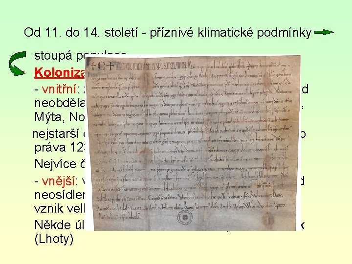 Od 11. do 14. století - příznivé klimatické podmínky stoupá populace • Kolonizace -