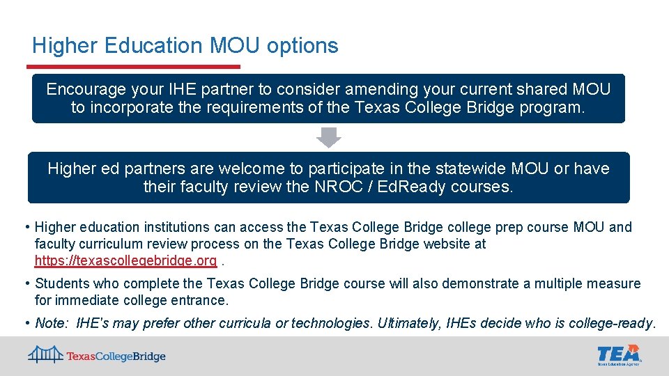 Higher Education MOU options Encourage your IHE partner to consider amending your current shared Higher Education MOU options Encourage your IHE partner to consider amending your current shared