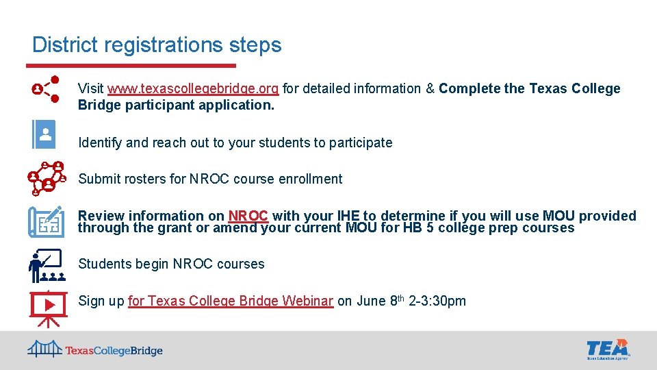 District registrations steps Visit www. texascollegebridge. org for detailed information & Complete the Texas District registrations steps Visit www. texascollegebridge. org for detailed information & Complete the Texas