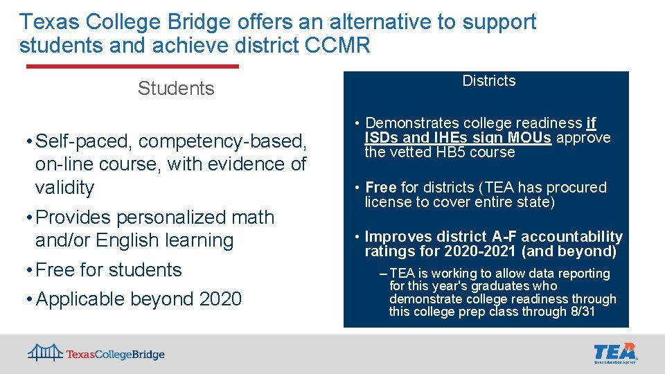 Texas College Bridge offers an alternative to support students and achieve district CCMR Students Texas College Bridge offers an alternative to support students and achieve district CCMR Students