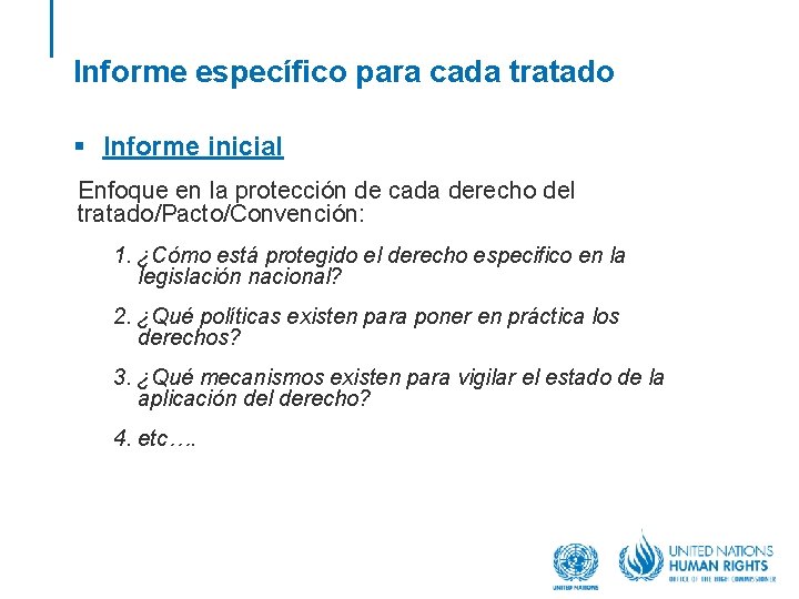 Informe específico para cada tratado § Informe inicial Enfoque en la protección de cada