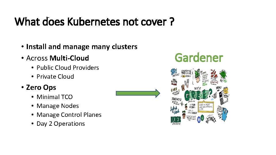 What does Kubernetes not cover ? • Install and manage many clusters • Across