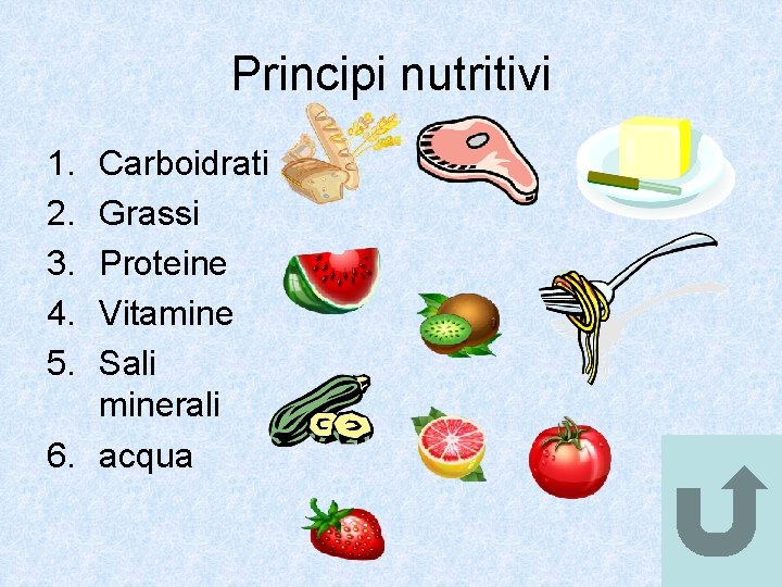 Principi nutritivi 1. 2. 3. 4. 5. Carboidrati Grassi Proteine Vitamine Sali minerali 6.