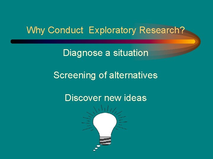 Why Conduct Exploratory Research? Diagnose a situation Screening of alternatives Discover new ideas 