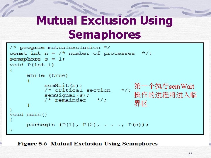 Mutual Exclusion Using Semaphores 第一个执行sem. Wait 操作的进程将进入临 界区 33 