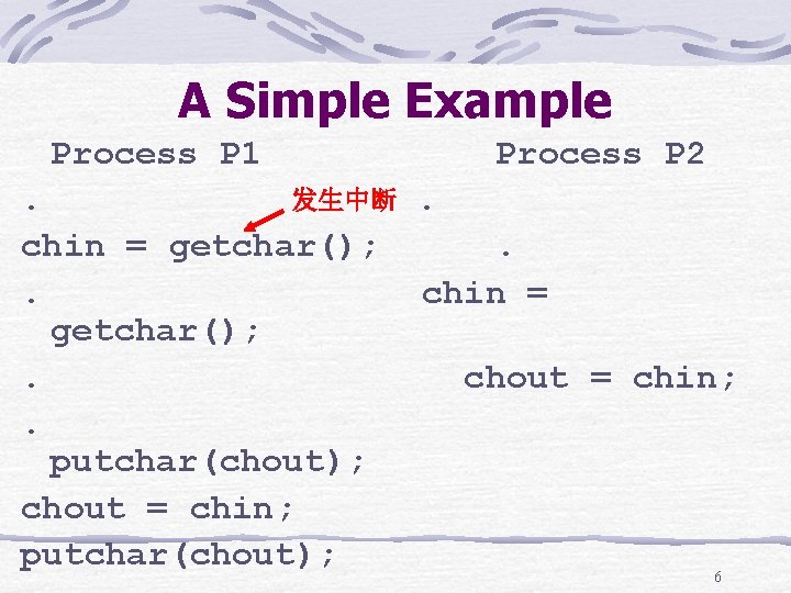 A Simple Example Process P 1 Process P 2 发生中断. . chin = getchar();