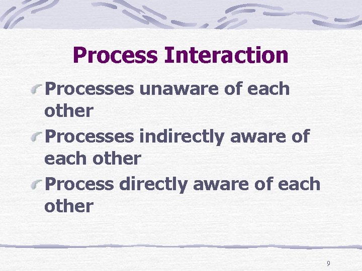 Process Interaction Processes unaware of each other Processes indirectly aware of each other Process