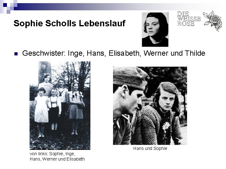 Sophie Scholls Lebenslauf n Geschwister: Inge, Hans, Elisabeth, Werner und Thilde Hans und Sophie