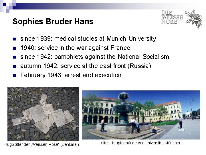 Sophies Bruder Hans n n n since 1939: medical studies at Munich University 1940: