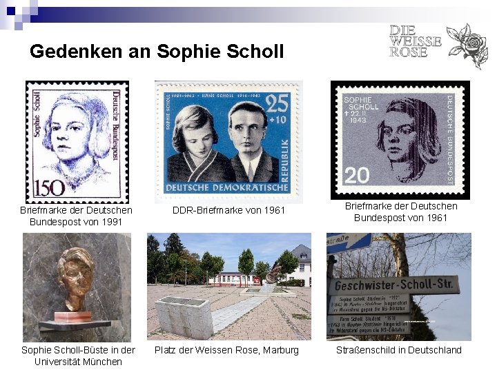 Gedenken an Sophie Scholl Briefmarke der Deutschen Bundespost von 1991 DDR-Briefmarke von 1961 Briefmarke