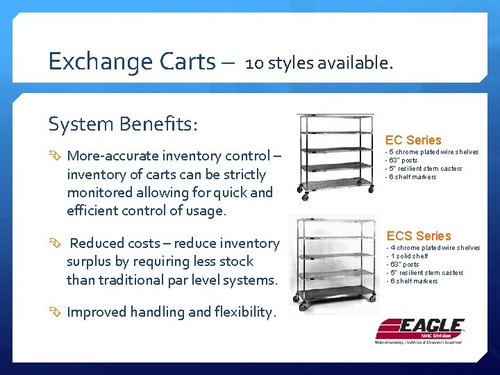 Exchange Carts – 10 styles available. System Benefits: More-accurate inventory control – inventory of