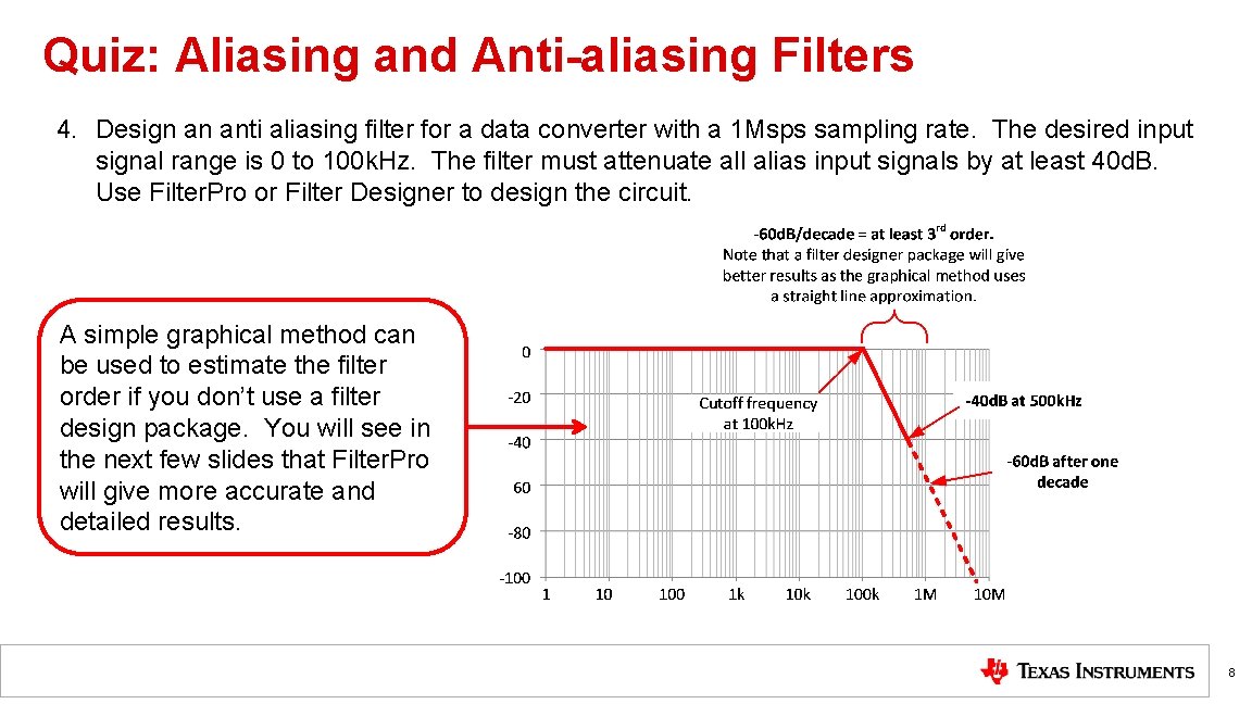 Quiz: Aliasing and Anti-aliasing Filters 4. Design an anti aliasing filter for a data