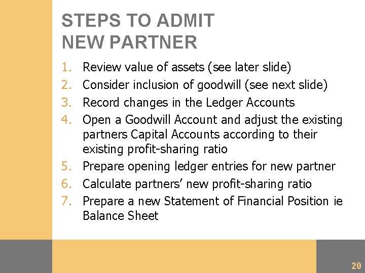 STEPS TO ADMIT NEW PARTNER 1. 2. 3. 4. Review value of assets (see