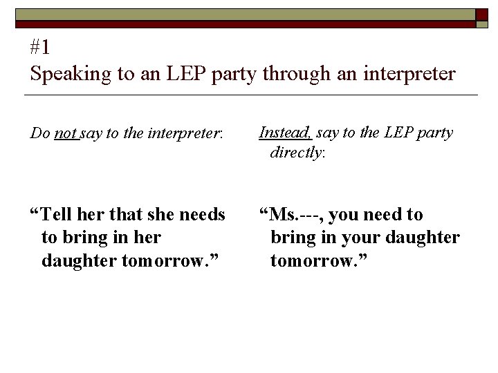 #1 Speaking to an LEP party through an interpreter Do not say to the