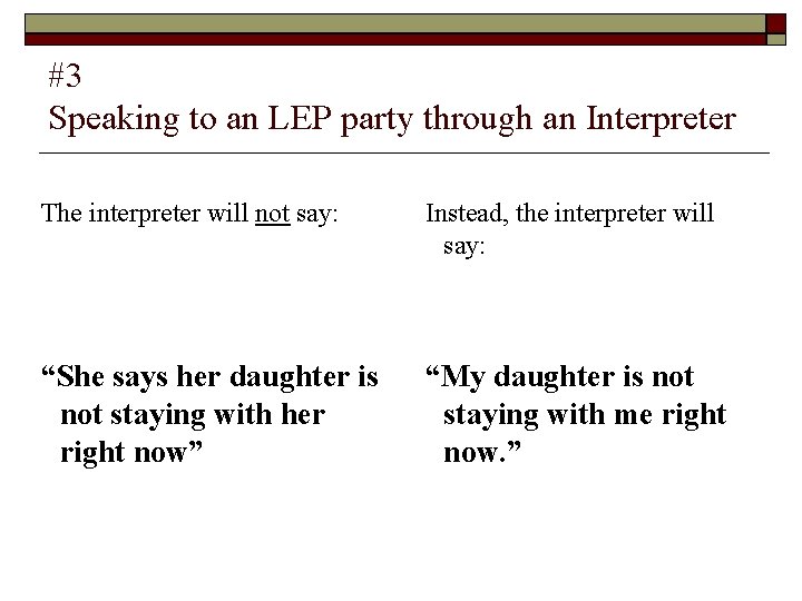 #3 Speaking to an LEP party through an Interpreter The interpreter will not say: