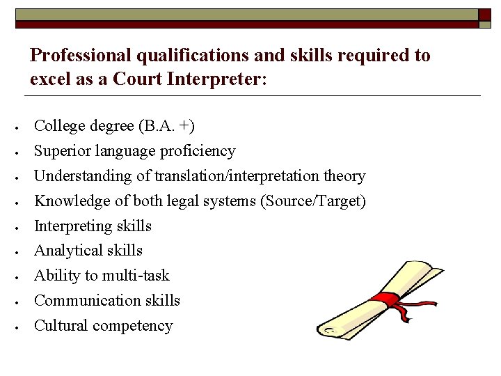 Professional qualifications and skills required to excel as a Court Interpreter: College degree (B.