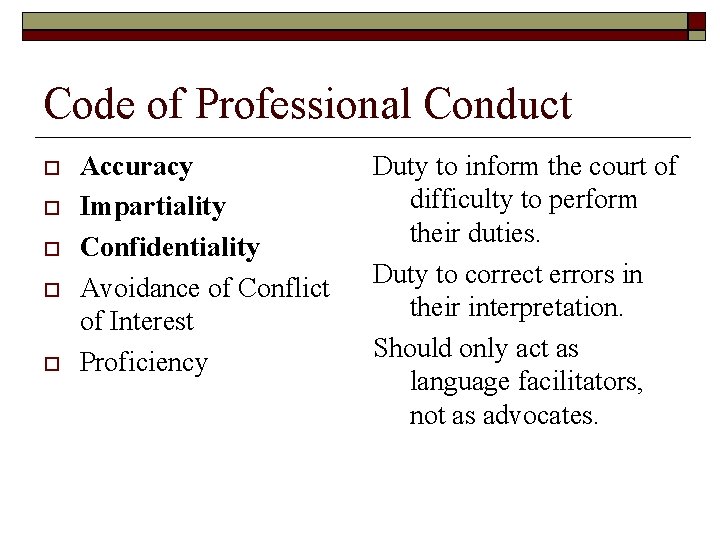 Code of Professional Conduct Accuracy Impartiality Confidentiality Avoidance of Conflict of Interest Proficiency Duty