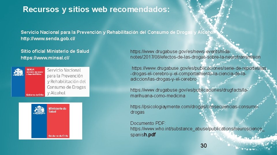 Recursos y sitios web recomendados: Servicio Nacional para la Prevención y Rehabilitación del Consumo