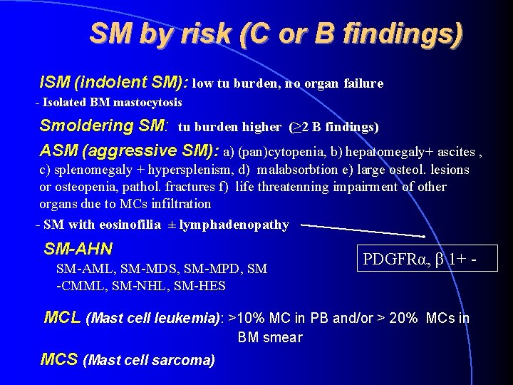 SM by risk (C or B findings) ISM (indolent SM): low tu burden, no SM by risk (C or B findings) ISM (indolent SM): low tu burden, no