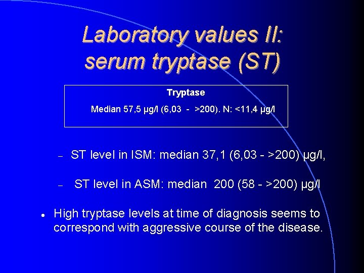 Laboratory values II: serum tryptase (ST) Tryptase Median 57, 5 µg/l (6, 03 - Laboratory values II: serum tryptase (ST) Tryptase Median 57, 5 µg/l (6, 03 -