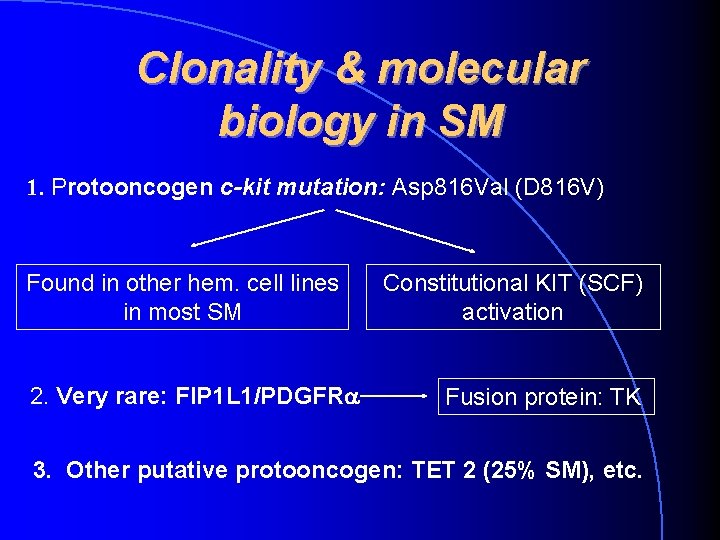 Clonality & molecular biology in SM 1. Protooncogen c-kit mutation: Asp 816 Val (D Clonality & molecular biology in SM 1. Protooncogen c-kit mutation: Asp 816 Val (D