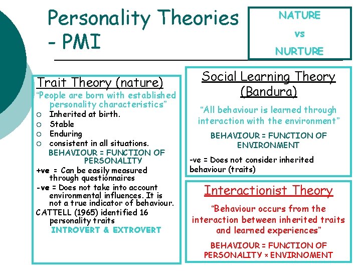 Personality Theories - PMI Trait Theory (nature) “People are born with established personality characteristics”
