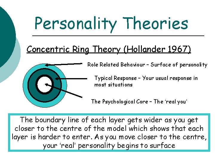 Personality Theories Concentric Ring Theory (Hollander 1967) Role Related Behaviour – Surface of personality