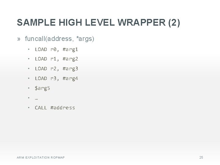 SAMPLE HIGH LEVEL WRAPPER (2) » funcall(address, *args) • LOAD r 0, #arg 1