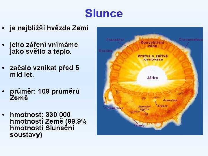 Slunce • je nejbližší hvězda Zemi • jeho záření vnímáme jako světlo a teplo.