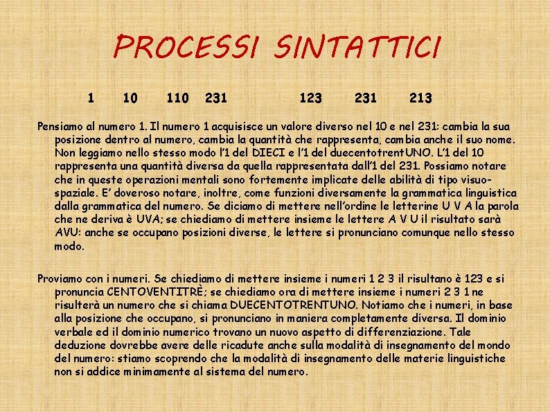 PROCESSI SINTATTICI 1 10 110 231 123 231 213 Pensiamo al numero 1. Il