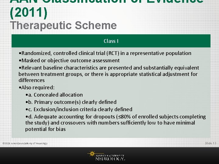 AAN Classification of Evidence (2011) Therapeutic Scheme Class I • Randomized, controlled clinical trial