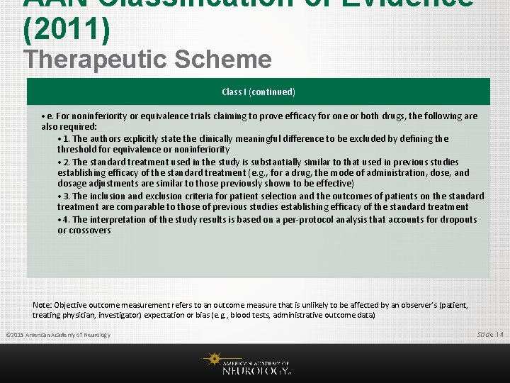 AAN Classification of Evidence (2011) Therapeutic Scheme Class I (continued) • e. For noninferiority