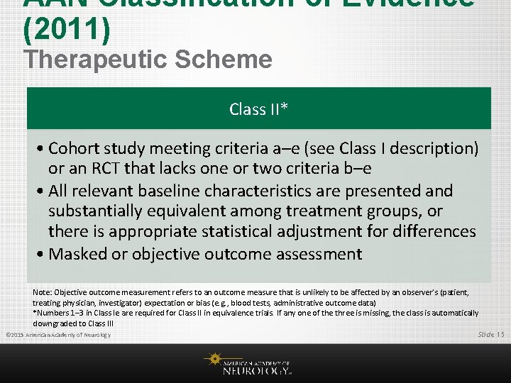 AAN Classification of Evidence (2011) Therapeutic Scheme Class II* • Cohort study meeting criteria