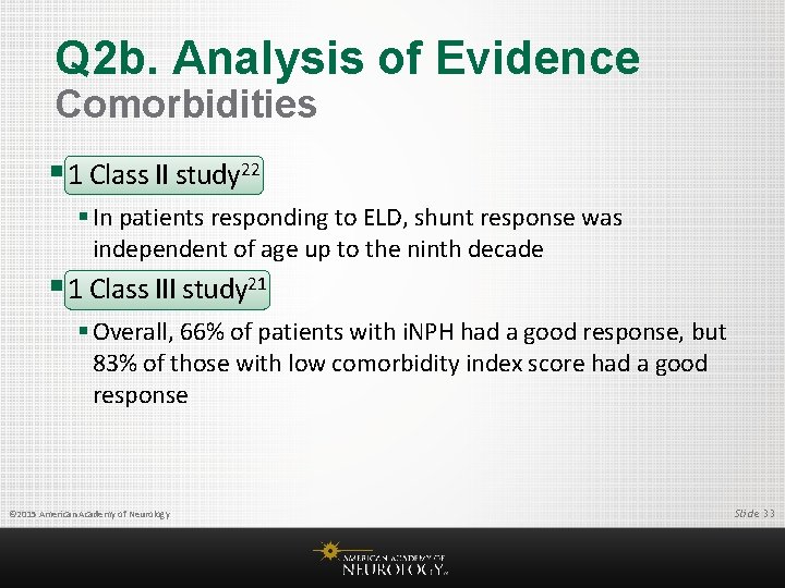 Q 2 b. Analysis of Evidence Comorbidities § 1 Class II study 22 §