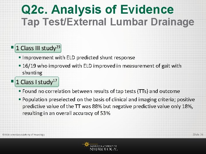 Q 2 c. Analysis of Evidence Tap Test/External Lumbar Drainage § 1 Class III