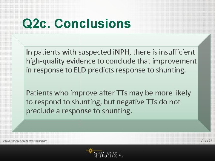 Q 2 c. Conclusions In patients with suspected i. NPH, there is insufficient high-quality