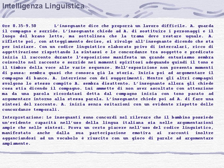 Intelligenza Linguistica Ore 8. 35 -9. 50 L’insegnante dice che proporrà un lavoro difficile.