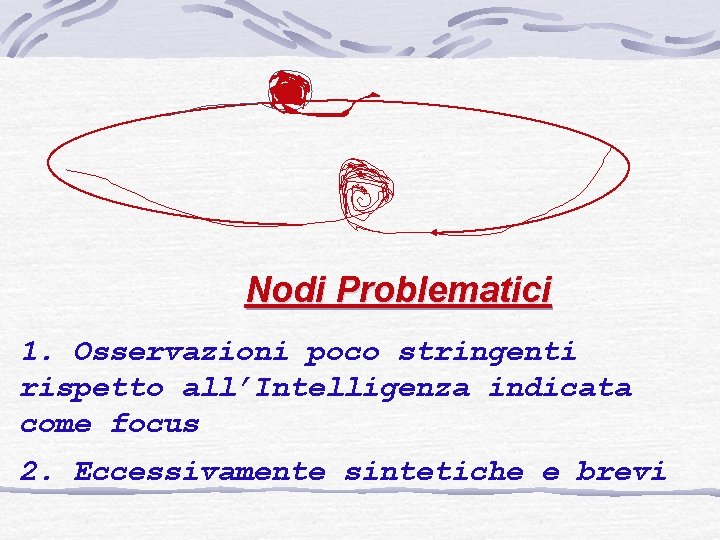 Nodi Problematici 1. Osservazioni poco stringenti rispetto all’Intelligenza indicata come focus 2. Eccessivamente sintetiche