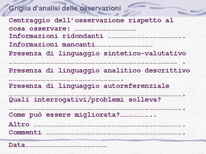 Griglia d’analisi delle osservazioni Centraggio dell’osservazione rispetto al cosa osservare: …………………… Informazioni ridondanti ……………………….