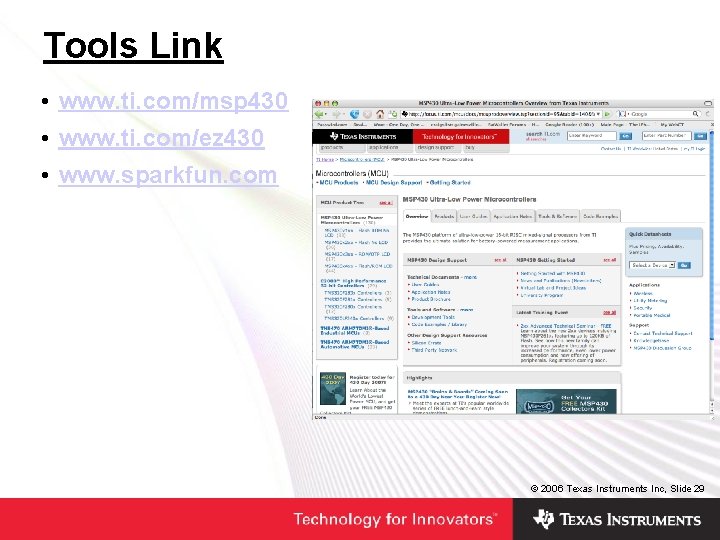 Tools Link • www. ti. com/msp 430 • www. ti. com/ez 430 • www. Tools Link • www. ti. com/msp 430 • www. ti. com/ez 430 • www.