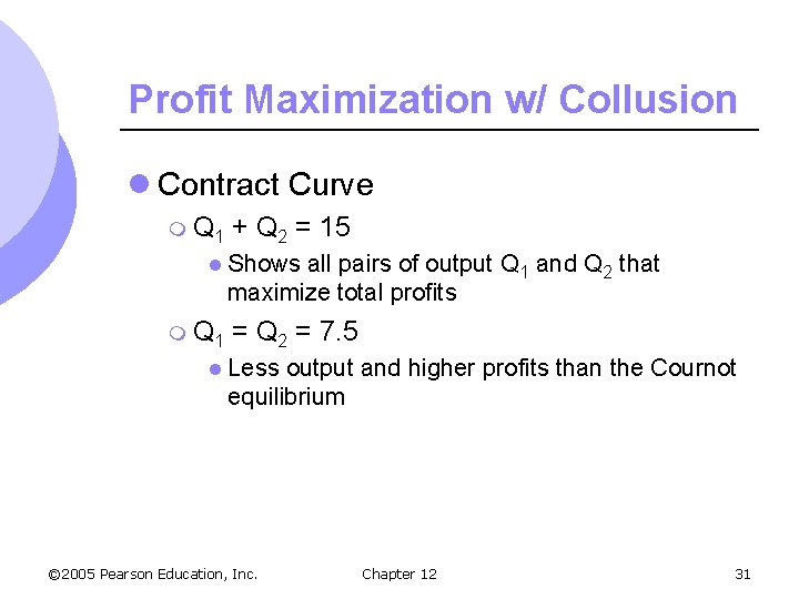 Profit Maximization w/ Collusion l Contract Curve m Q 1 + Q 2 =