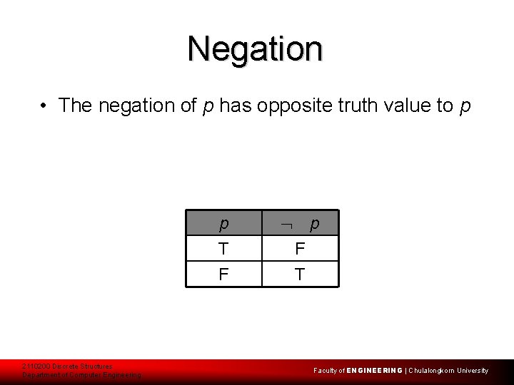 Negation • The negation of p has opposite truth value to p p T