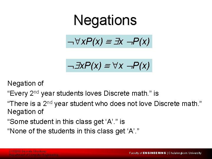 Negations x. P(x) x P(x) Negation of “Every 2 nd year students loves Discrete