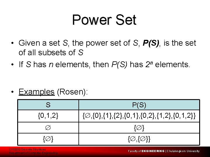 Power Set • Given a set S, the power set of S, P(S), is