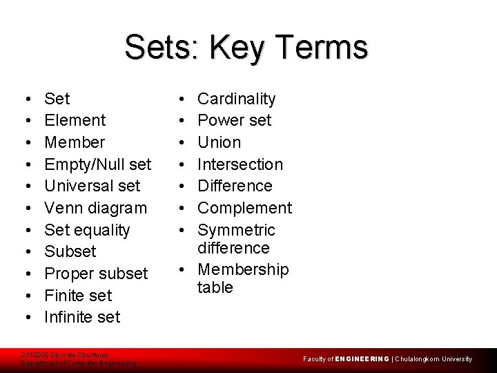 Sets: Key Terms • • • Set Element Member Empty/Null set Universal set Venn